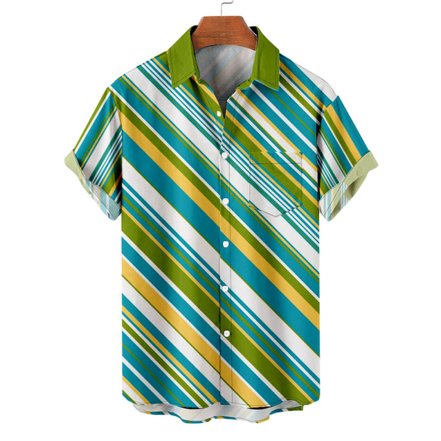 Men Colorful Diagonal Stripes Button Through Shirt