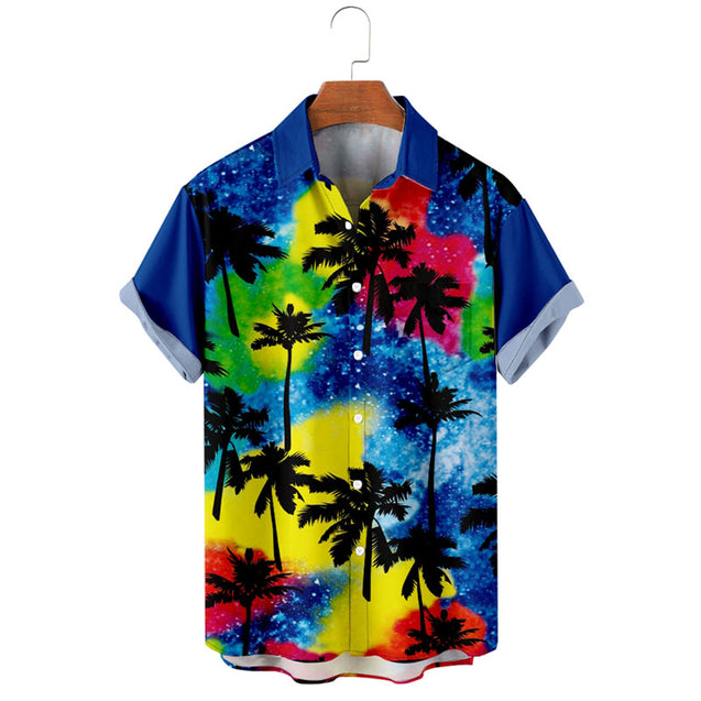 Men's Colorful Palm Trees Button Down Short Sleeve Hawaiian Shirt