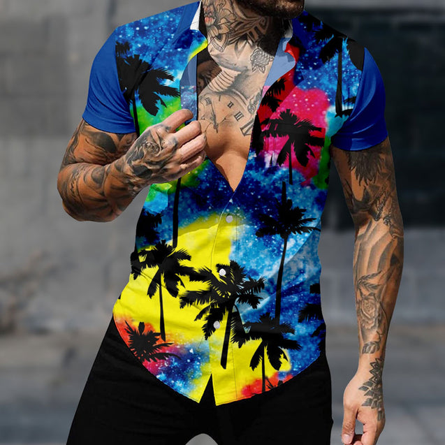Men's Colorful Palm Trees Button Down Short Sleeve Hawaiian Shirt