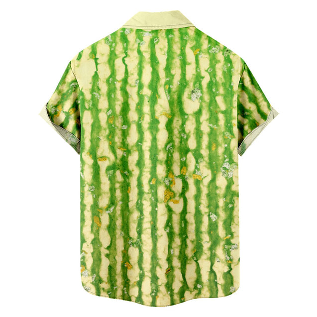 Men Green Striped Print Button Up Shirt
