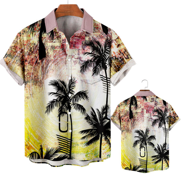 Men Retro Palm Trees Print Patched Pocket Shirt