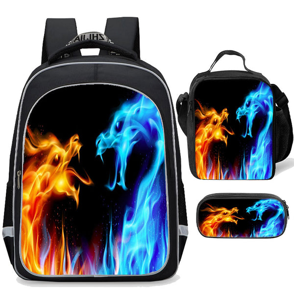 Red Blue Fire Dragon School Backpack with Lunch Box Pen Case 3 in 1