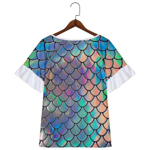 Mermaid Scales Print Short Sleeve Shirts & Tops