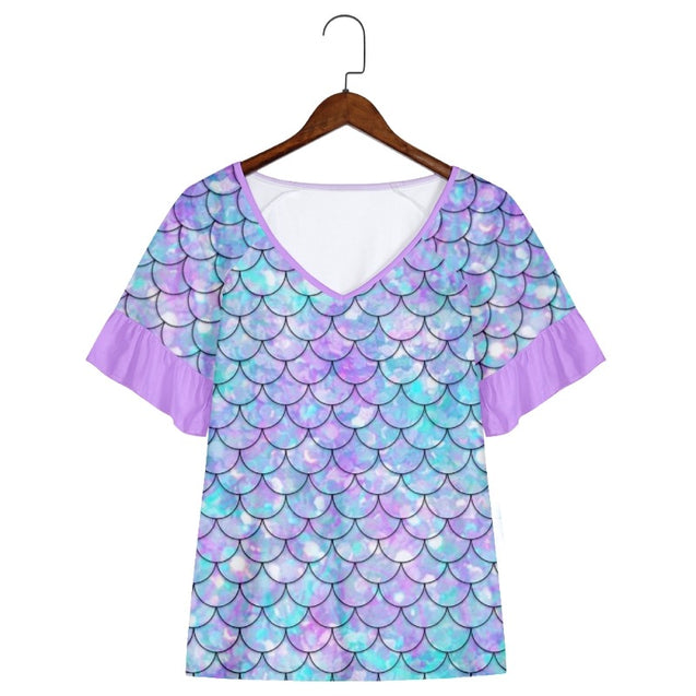 Mermaid Scales Print Short Sleeve Shirts & Tops