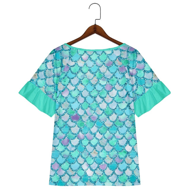 Mermaid Scales Print Short Sleeve Shirts & Tops