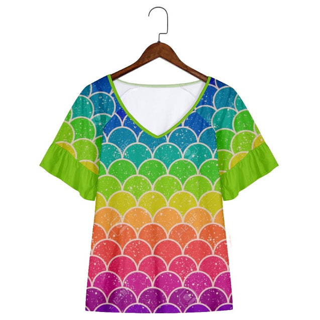 Mermaid Scales Print Short Sleeve Shirts & Tops